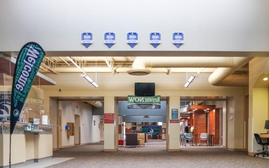 The front desk and entrance to the campus bookstore